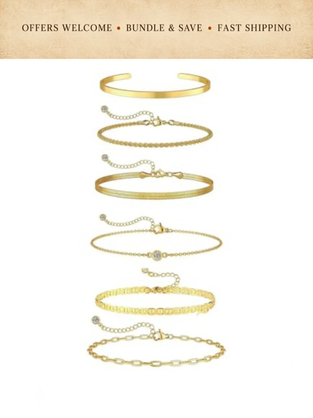 14K Gold Plated Bracelet Set of 6 Stackable Adjustable Everyday
